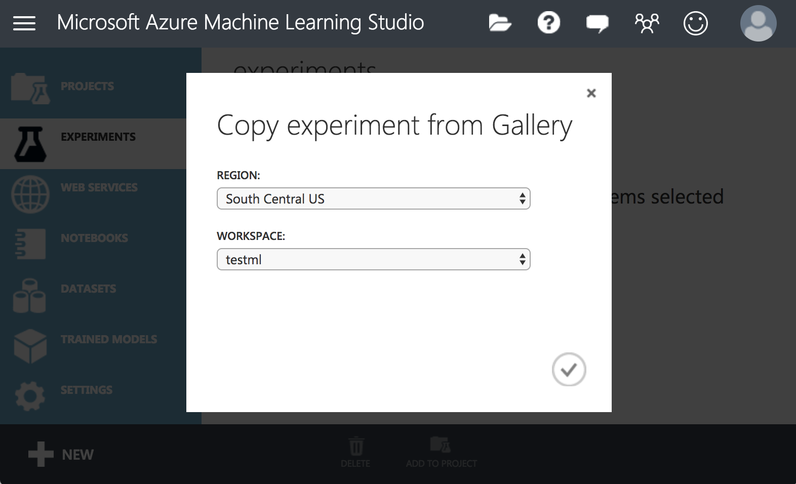 azure ml copy from gallery